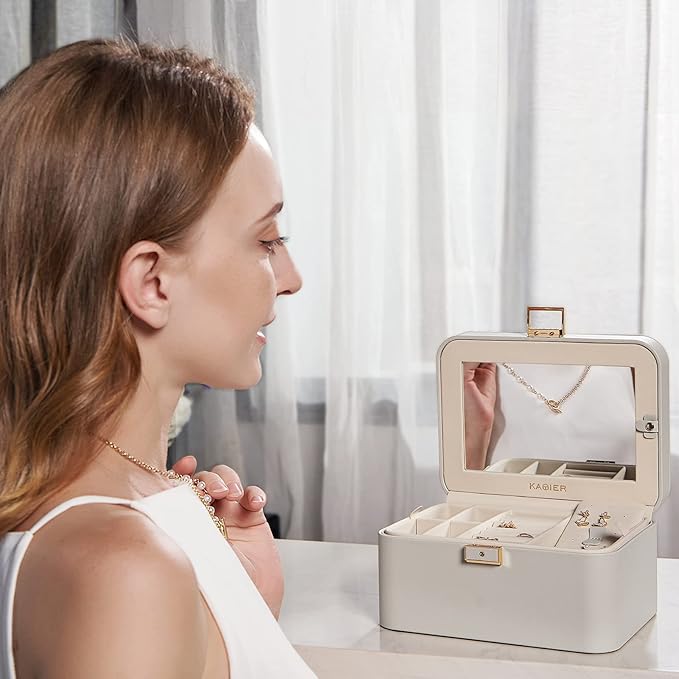 KAMIER Jewelry Box, 2 Layers PU Leather Jewelry Organizer Box, Large Capacity, Double Lock and Large Mirror, Hidden Necklace Hooks, Removable Dividers, Grey-BubblyBeeBaby