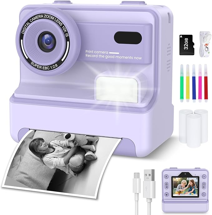 Instant Camera, Instant Print Camera for Kids with 1080P Videos, Front Rear Dual Selfie, 3 Rolls Print Paper & 32GB SD Cards, Christmas Birthday Gifts for Girls Age 3-12-BubblyBeeBaby