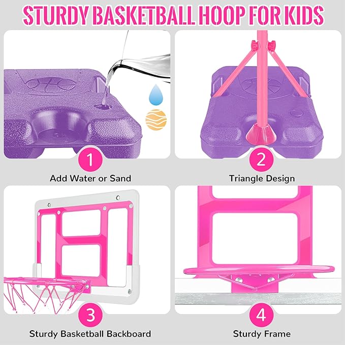 Kids Basketball Hoop with Stand, Adjustable Basketball Set, Toddler Basketball Toys for Boys Age 3 4 5 6 7 8, Indoor Outdoor Backyard Sport Game Gifts Pink-BubblyBeeBaby
