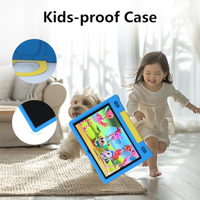 JREN Kids Table 10.1" ｜Android 14 Tablet for Kids｜64GB Storage｜Octa-Core｜WiFi ｜Cameras｜Parental Control｜Kids Content｜Case Included Great Gift for Children Ages 3-12 Years Old Blue-BubblyBeeBaby