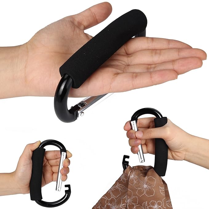 Large Stroller Hooks for Mommy, 2 pcs Carabiner Stroller Hook Organizer for Hanging Purses, Diaper Bag, Shopping Bags. Clip Fits Single/Twin Travel Systems, Car Seats (Black+Rose)-BubblyBeeBaby