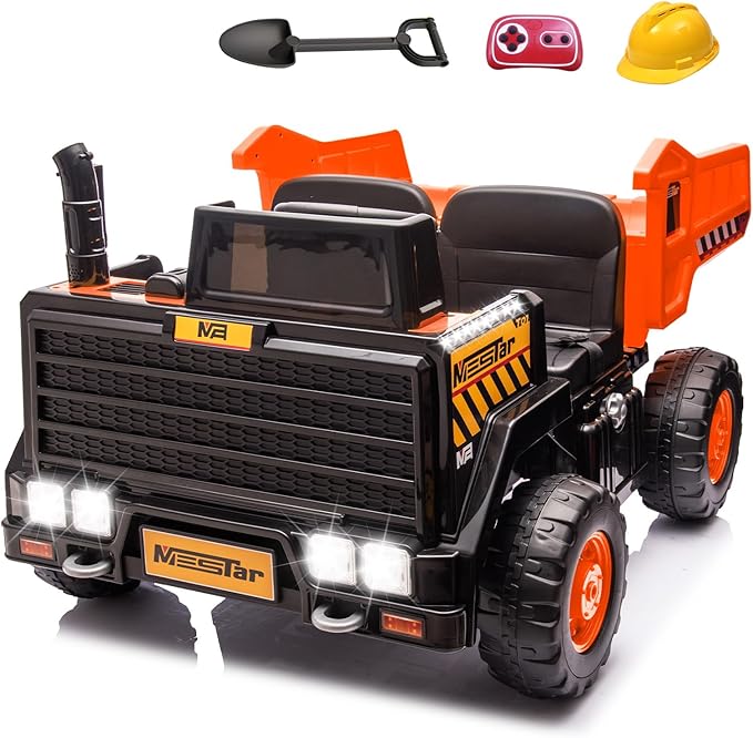 24V Ride On Dump Truck, 24inch-2 Seater Ride On Car for Kids w/Remote Control 4WD/2WD Up to 5 Mph, 24v Ride on Toys for Big Kids w/Electric Dump Bed Extra Shovel Traffic Cones (Orange)-BubblyBeeBaby