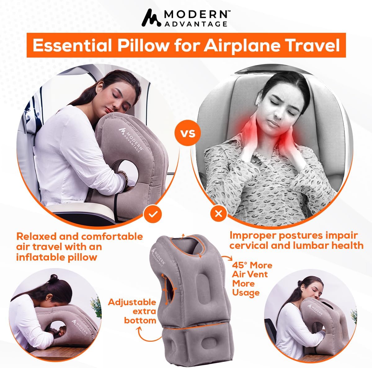Modern Advantage Inflatable Travel Pillow for Airplanes with Adjustable extra Bottom, Support head & chin to avoid Neck & Shoulder Pain for Travelling office napping with Eye Mask & Earplug, Pack of 2