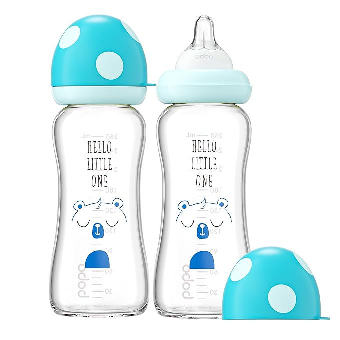 YOHKOH Natural Glass Baby Bottle with Natural Response Nipple, Newborn Anti-Colic Baby Bottles, Wide Neck Mushroom Cap Baby Bottle, Clear (8.8ounce (Pack of 2), Blue1)-BubblyBeeBaby