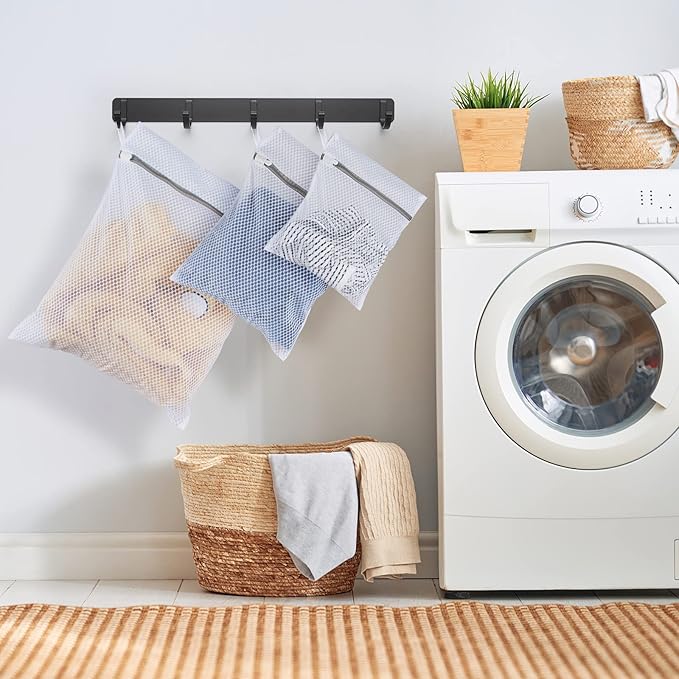 Honeycomb Lingerie Bags with Hanging Loop- 2Pack MDSXO Mesh Laundry Bags for Washing Delicates, White Wash Bags for Lingerie, Baby Clothes [1Medium+ 1Large]-BubblyBeeBaby