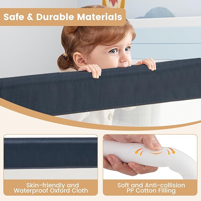 HONEY JOY Bed Rail for Toddlers, Extra Long, Foldable Portable Swing Down Safety Bed Guard Rail, Toddler Bed Rails for Crib, King Queen Full Twin Size Bed Mattress (Gray, 2 Pack, 71 Inch)-BubblyBeeBaby