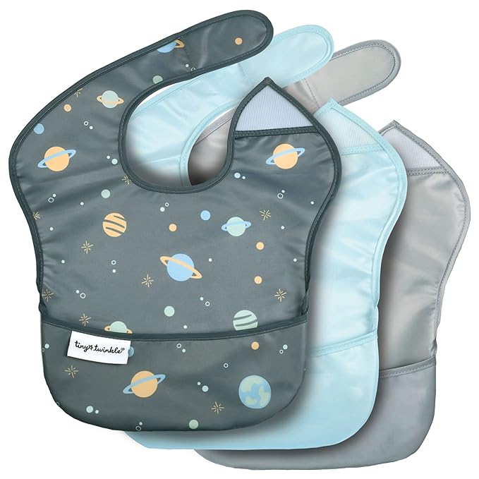 Tiny Twinkle Mess Proof Baby Bibs for Eating - Waterproof, Wipeable Bibs - Toddler Bibs - Travel Friendly - PFAS, PVC, BPA, Phthalate Free - Baby Food Bibs(3 Pack, Space)-BubblyBeeBaby