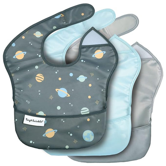 Tiny Twinkle Mess Proof Baby Bibs for Eating - Waterproof, Wipeable Bibs - Toddler Bibs - Travel Friendly - PFAS, PVC, BPA, Phthalate Free - Baby Food Bibs(3 Pack, Space)-BubblyBeeBaby