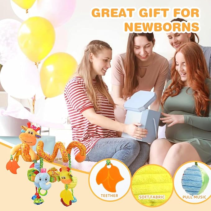 Jollybaby Crib Stroller Car Seat Toys for Baby 0-3-6-9-12 Months, Tummy Time Hanging Sensory Toys for Newborn with Music Box and Teether, Spiral Carseat Toy for Infant Boys Girls Gifts (Giraffe)-BubblyBeeBaby