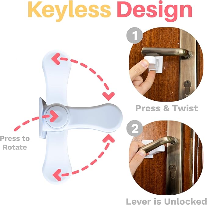 Inaya Child Proof Door Lever Lock (4-Pack) - Door Handle Lock - 3M Adhesive - Minimalist Design - No Drilling Child Safety Door Handle Locks-BubblyBeeBaby