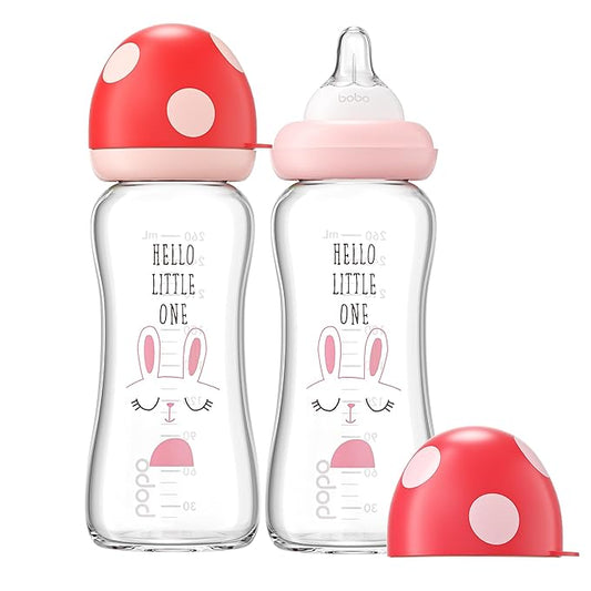 YOHKOH Natural Glass Baby Bottle with Natural Response Nipple, Newborn Anti-Colic Baby Bottles, Wide Neck Mushroom Cap Baby Bottle, Clear (8.8ounce (Pack of 2), Red1)-BubblyBeeBaby