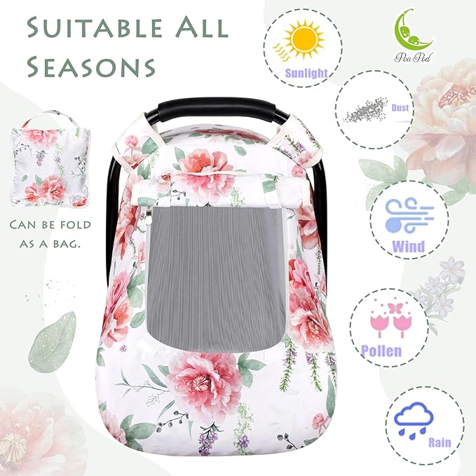 Baby Carseat Cover Girls, Pea Pod Floral Infant Car Seat Covers Canopy for Newborn with 2 Layers Windows of Breathable Mesh/Fabric, Lightweight Polyester/Minky Dot Backing, Snug Fit Most Baby Car Seat-BubblyBeeBaby