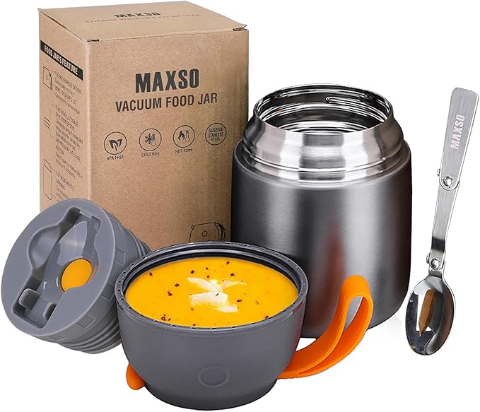 Insulated Thermo Food Jar for Hot & Cold Food for Kids Adult, 17 oz Soup Thermal Hot Food Containers for Lunch, Triple Layer Insulation Stainless Steel Food Jar with Spoon (Grey)-BubblyBeeBaby