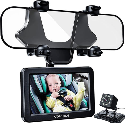 Baby Mirror for Car, ATOROBROS Baby Car Camera for Rear-Facing Seat with 4.3'' HD Display, Upgrade 360° Rearview Mirror Display Bracket, Easy and Safe to See Baby while Driving-BubblyBeeBaby