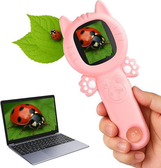 2-in-1 Microscope Camera for Kids, Mini Handheld Microscope Supporting Multiple Viewing Angles, Outdoor Educational Science Adventure Toys, Birthday Gifts for 3-10 Years Old Girls, Pink Cat-BubblyBeeBaby