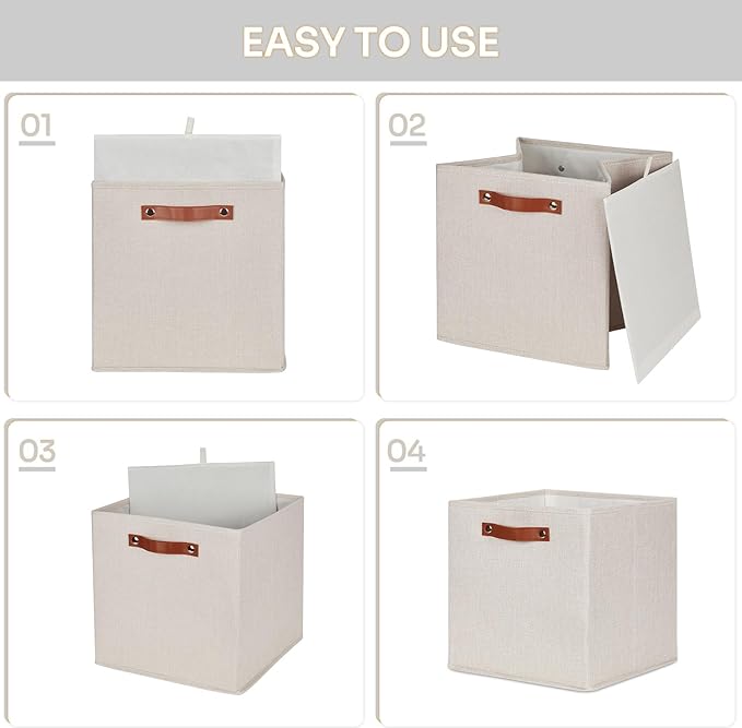 HNZIGE Foldable Storage Cubes Bins for Organizing, Set of 4, Fabric Cube Canvas Storage Bins 11 x11, Collapsible Bins for Organization with Handles for Shelf Nursery(Beige)-BubblyBeeBaby