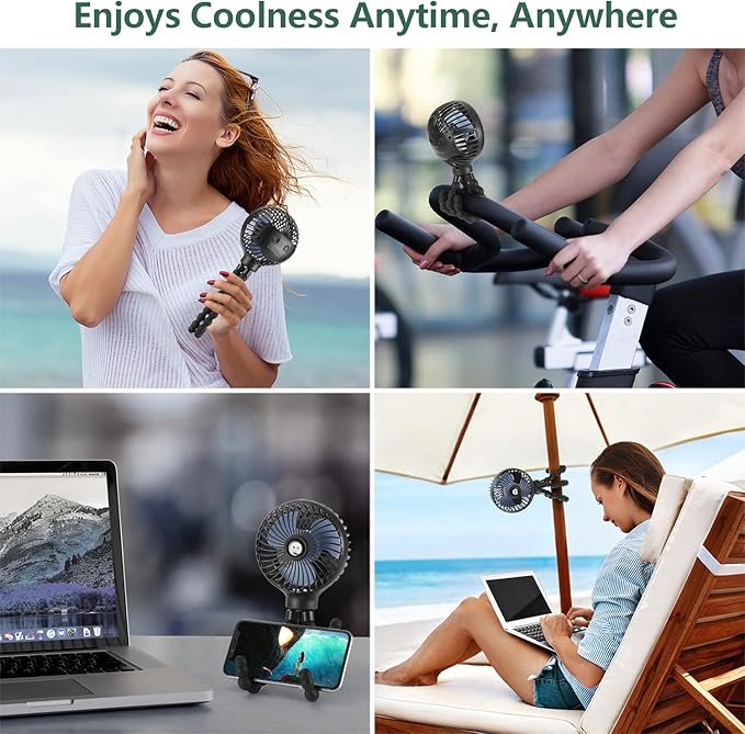 snawowo Mini Handheld Personal Portable Fan, Baby Stroller Fan, Car Seat Fan, USB or Battery Powered, with Flexible Tripod Clip on Student Bed Desk Bike Crib Treadmill Camping Traveling(Black)-BubblyBeeBaby