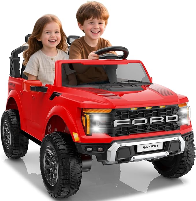 24V Ride on Car Licensed Ford F-150 Raptor, Kids Electric Car with Remote Control, LED Light/Music/MP3, Truck Bed Storage, 3-Point Seat Belt (24V, Red)-BubblyBeeBaby
