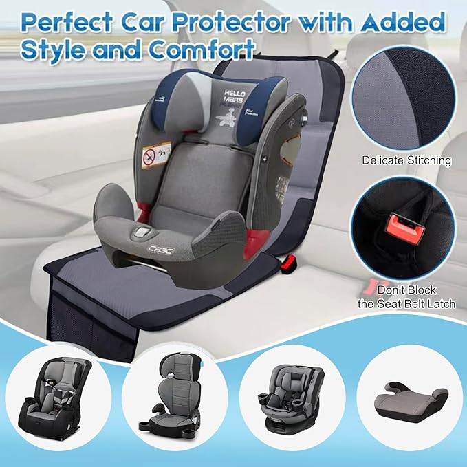 Car Seat Protector 2 Pack Baby Car Seat Covers with Mesh Pockets & Non-Slip Backing 600D Durable Seat Protector Under Baby Car Seat (Gray, Standard)-BubblyBeeBaby