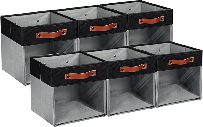 HNZIGE Cube Storage Bins 11 x 11, Fabric Cubes Storage Bins 11x11 Clear Storage Organizer,Canvas Storage Bin for Cube Storage, Cubby Collapsible Organizer Bin for Organizing Home(Gray Black 6PCS)-BubblyBeeBaby