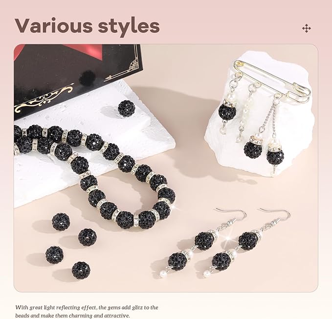 200pcs 10mm Rhinestone Beads for Jewelry Making, Black Shiny Round Disco Ball Beads Bulk, Sparkle Crystal Clay Christmas for Bracelet Baseball Necklace Earring Crafting and DIY-BubblyBeeBaby