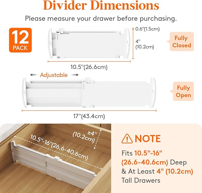 Lifewit 12 Pack Drawer Dividers 4" High, 10.5-16.5" Dresser Drawer Divider, Adjustable Drawer Organizers for Clothes, Plastic Drawers Separators for Dresser, Bedroom, Bathroom, Kitchen, Office-BubblyBeeBaby