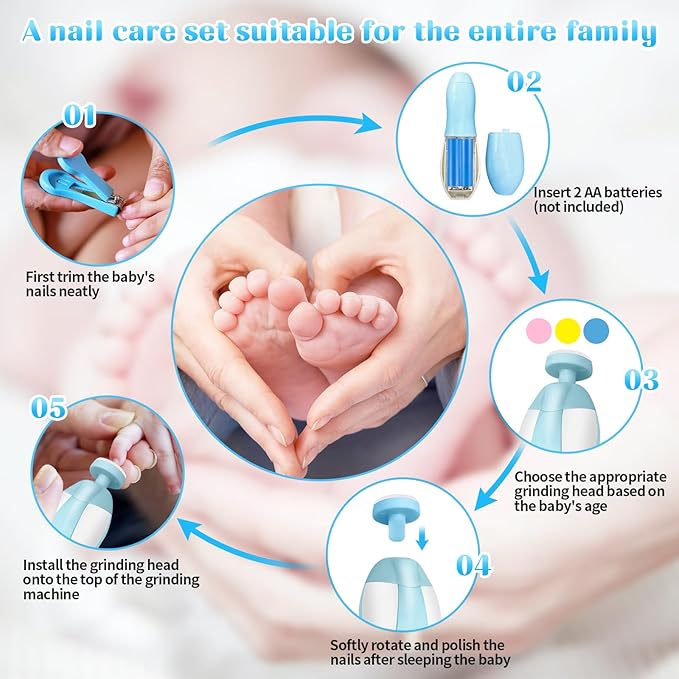 JIFTOK Baby Healthcare and Grooming Kit, 30 in 1 Baby Electric Nail Trimmer Set, Newborn Nursery Care Kit, Baby Essentials Set with Hair Brush Comb, Nail Clippers for Infant Toddlers Boys Girls (Blue)-BubblyBeeBaby