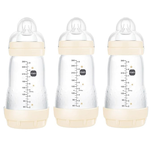 MAM 9oz Easy Start Anti-Colic Baby Bottles, Medium Flow, Breastfeeding-Like Silicone Nipple, Reduces Colic, Gas, & Reflux, Easy-to-Clean, BPA-Free, Baby Bottles for Newborns, 2+ Months-BubblyBeeBaby