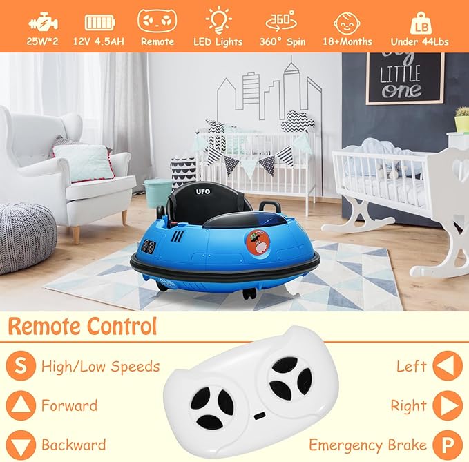 12V Electric Ride on Bumper Car for Toddlers, Kids Bumper Car with Remote Control, LED Lights & 360 Degree Spin, Indoor and Outdoor for 18+ Months Kids (Blue)-BubblyBeeBaby