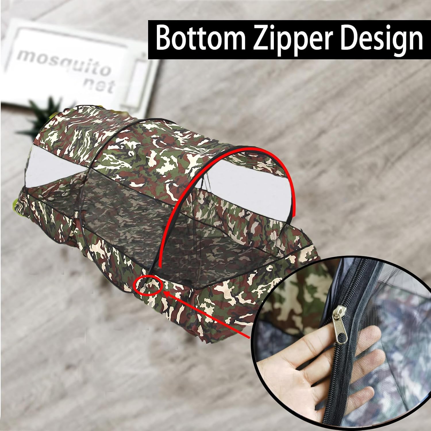 CMINGJ Portable Mosquito Net Foldable Pop-Up Travel Mosquito Net for Bed Free Installation-Suitable for Baby Adults Bedroom, Camping, nap, Patio (Extra Large-Bottom Zipper(Camouflage))
