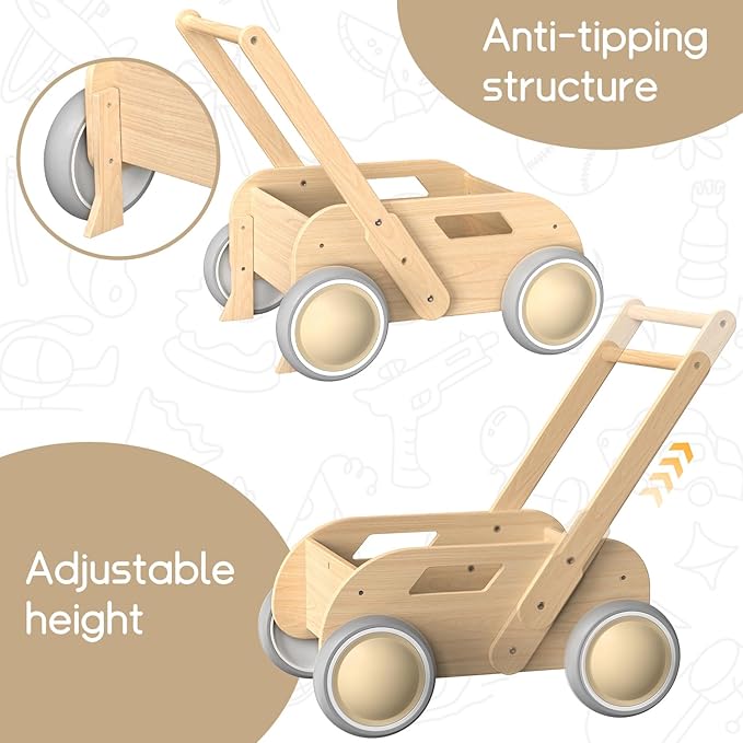 2025 HOMEKOL Wooden Baby Walker, Baby Walker, Adjustable Speed for Boys and Girls, Baby Activity Center, Birthday, Christmas and New Year's Gift, Log Color-BubblyBeeBaby