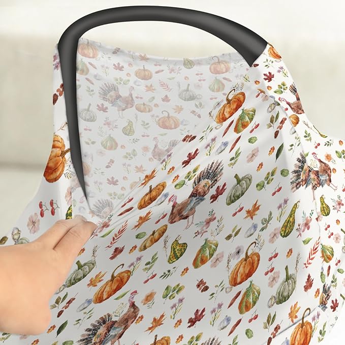 Thanksgiving Turkey Pumpkins Car Seat Covers Vintage Autumn Leaves Stretchy 5-in-1 Cover Adjustable Infant Carseat Cover Canopy Fall Harvest Breathable Nursing Cover-Up-BubblyBeeBaby
