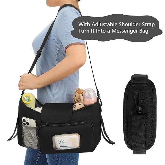Accmor Universal Stroller Organizer with Insulated Cup Holder, Stroller Caddy Bag Accessories, Stroller Cup Holder Organizer for Uppababy Baby Jogger Britax Stroller, Black-BubblyBeeBaby