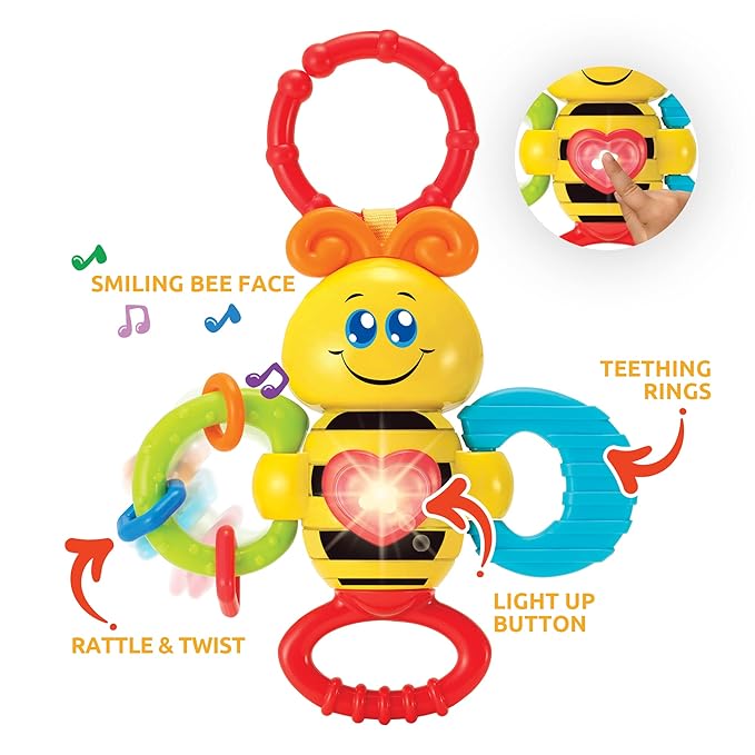 KiddoLab Twist & Rattle Musical Bee Light-Up Toy and Teething Ring for Toddlers - Sensory Chew and Fine Motor Skills Toy for Newborn - Baby Rattle and Teething Toys for 3+ Months Babies-BubblyBeeBaby