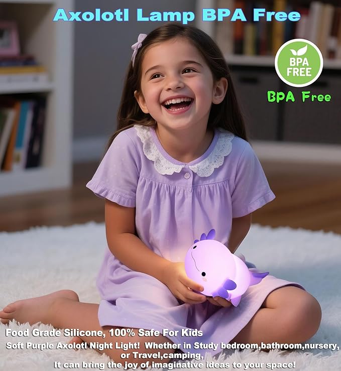 HAPPYBAG Axolotl Night Light,Cute Axolotl lamp Gifts for Kids,Dimmable Silicone Animal Nursery Night Light,Kawaii Rechargeable Bedside Touch Lamp,Baby Room Decor Axolotl Light-BubblyBeeBaby