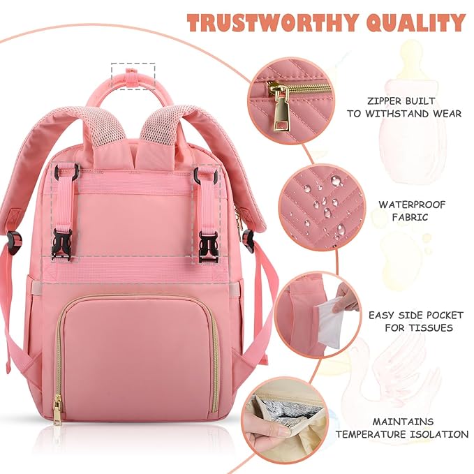 Baby Diaper Bag Backpack, Travel Diaper Bags for Baby Girl Boy Large Capacity Baby Bag Backpack for Women Light Pink-BubblyBeeBaby