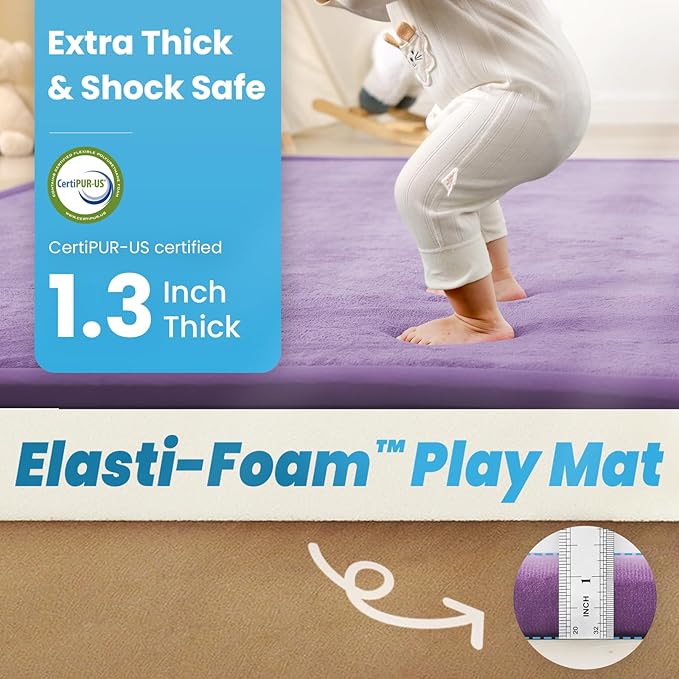 1.3" Thick Baby Play Mat for Floor, 79x79 Large Foam Tummy Time Mat, Padded Support Soft Plush Nursery Rug for Infant Kids Toddler Crawling Kick Activity (Lavender)-BubblyBeeBaby