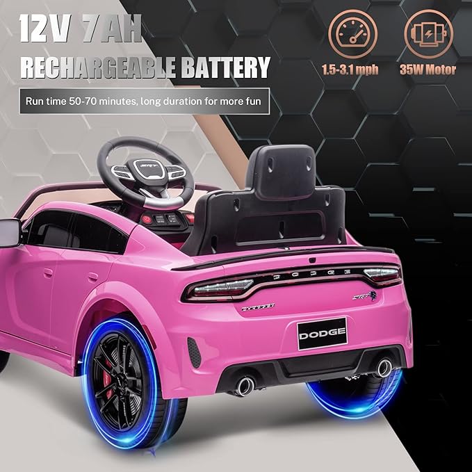 12V 7Ah Kids Electric Ride on Car, Licensed Dodge Charger SRT Hellcat, Battery Powered 4-Wheels Toy Car Electric Vehicle for Kids with Remote Control, 3 Speeds, LED Lights, Music (Pink)-BubblyBeeBaby