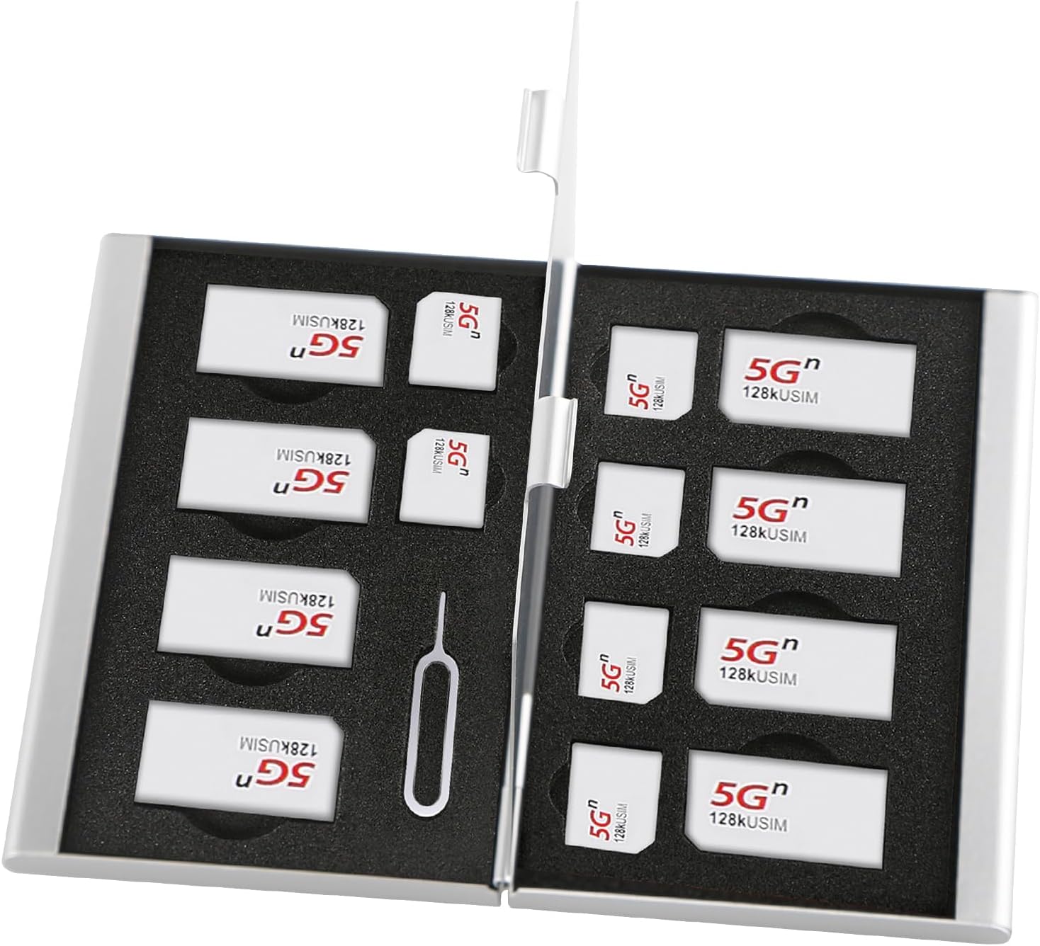 Aluminum SIM Card Case, 15Slots Ultrathin SIM Card Holder, Fit for 8 SIM Card, 6 Micro sim Card, and 1 Cell Phone Eject Pin Slots, Silver