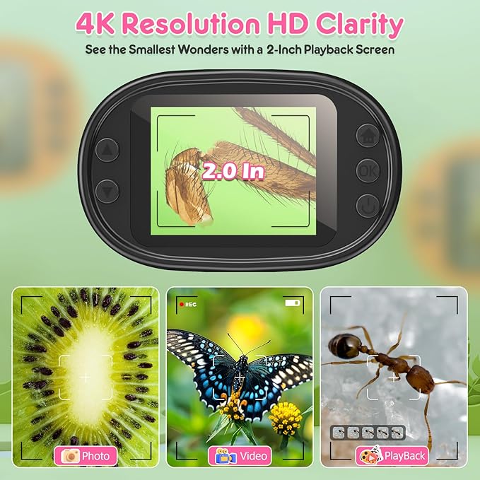 1000X Handheld Microscope for Kids 4K 2.0" Screen Rechargeable Mini Pocket Digital Microscopes w/Slides Kit Portable Edu Gift Age 4-6 8-12 Children Students (Pink)-BubblyBeeBaby