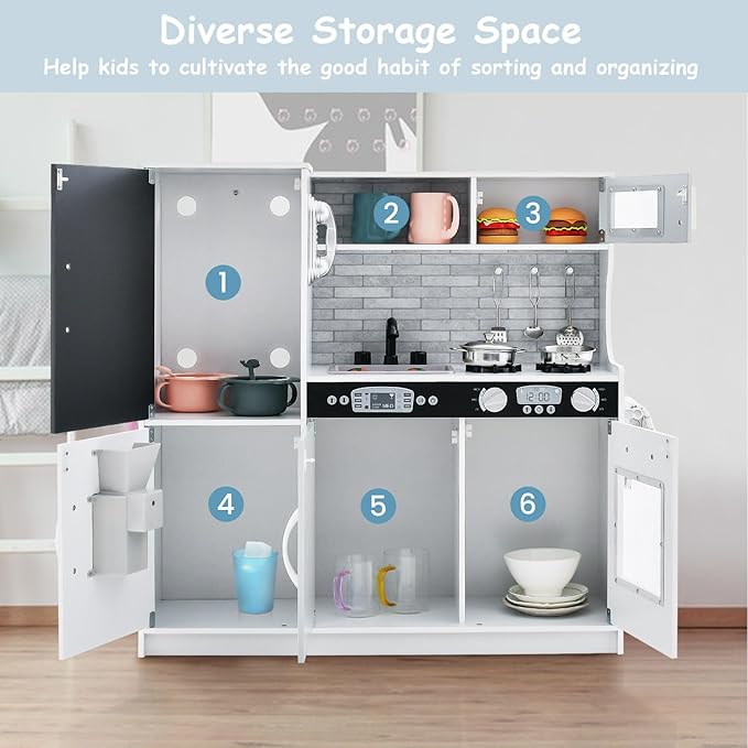 HONEY JOY Kids Kitchen Playset, Wooden Little Chef Pretend Toy Kitchen Set w/Chalkboard, Telephone, Utensils, Oven, Microwave, Sink, Storage, Play Kitchen for Toddlers, Gift for Boys Girls, White-BubblyBeeBaby