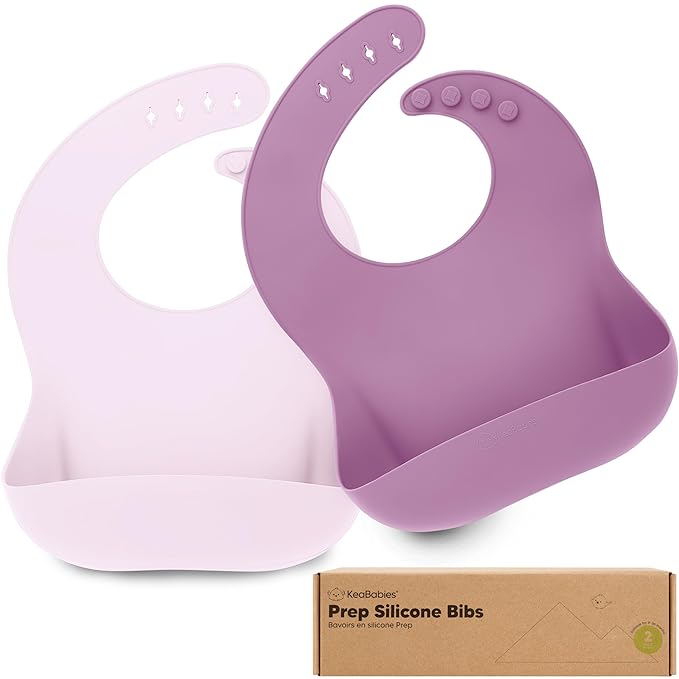 KeaBabies 2-Pack Silicone Baby Bibs for Eating - Sturdy Food-Grade Silicone Bibs for Babies Girl, Boy, Large Food Catcher, Clean & Put On Easily, Waterproof Toddler Feeding Essentials (Amethyst)-BubblyBeeBaby