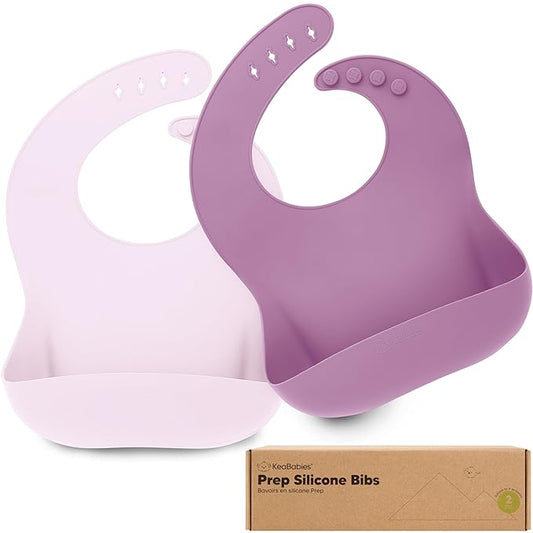 KeaBabies 2-Pack Silicone Baby Bibs for Eating - Sturdy Food-Grade Silicone Bibs for Babies Girl, Boy, Large Food Catcher, Clean & Put On Easily, Waterproof Toddler Feeding Essentials (Amethyst)-BubblyBeeBaby