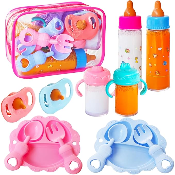 12 Pcs Baby Doll Accessories Magic Bottle set,Pretend Play Feeding Toy Set with Package,Doll Feeding Set for Kids Girls,Magic Disappearing Juice Milk Bottles,Sippy Cups,Pacifiers,Bowl Spoons-BubblyBeeBaby