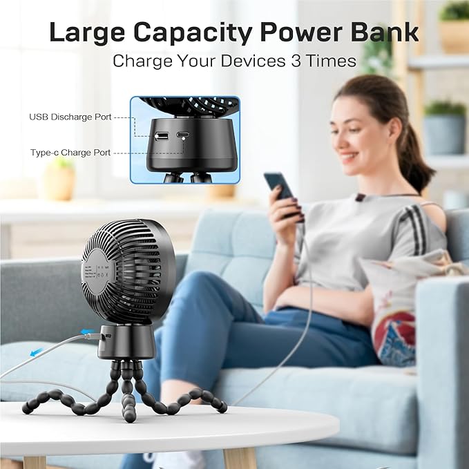20000mAh Portable Stroller Fan, 120° Auto Oscillation, 3-IN-1 with Power Bank LED Light Detachable Flexible Tripod Rechargeable Battery Powered Clip On Fans Desk for Baby Crib Car Seat Travel-BubblyBeeBaby