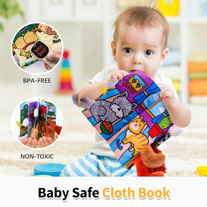 Jollybaby Baby Cloth Books, Touch & Feel Crinkle Soft Books, for Infants Babies, Toddler Early Educational Interactive Stroller Toys, Baby Girl & Boy Gift(Plush Tails)-BubblyBeeBaby