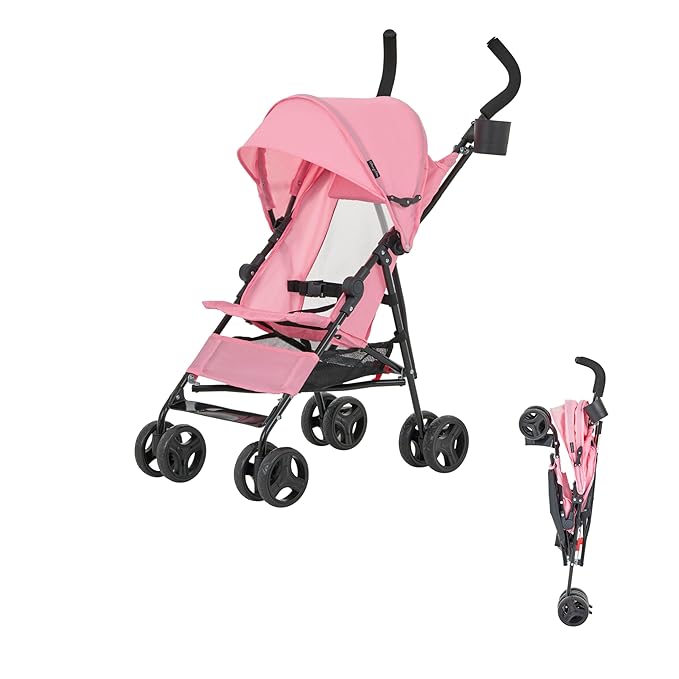 Dream On Me Rover Convenience Baby Stroller in Pink, Lightweight & Compact Umbrella Stroller, Easy one-Hand fold Travel Stroller, Lockable Rear Wheels, Removable & Adjustable Canopy-BubblyBeeBaby