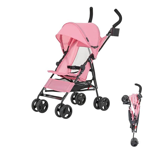 Dream On Me Rover Convenience Baby Stroller in Pink, Lightweight & Compact Umbrella Stroller, Easy one-Hand fold Travel Stroller, Lockable Rear Wheels, Removable & Adjustable Canopy-BubblyBeeBaby