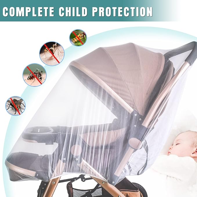 Durable Baby Stroller Mosquito Net (2 Pack) - Universal Elastic Edge Mesh Cover for Bassinets, Cradles, Playards, Car Seats & Mini Cribs | Breathable Travel Essential Newborn Protection (Black+White)-BubblyBeeBaby