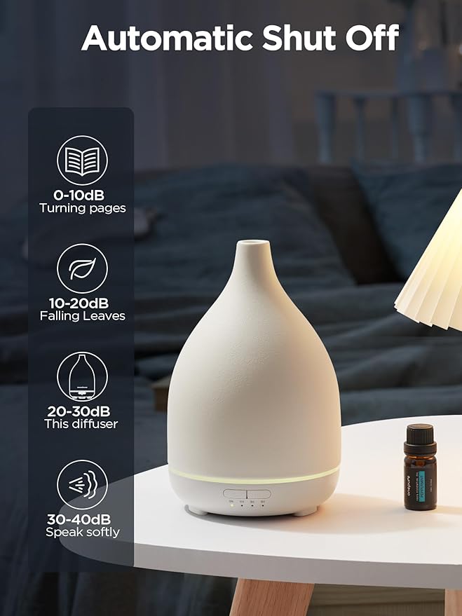 InnoGear Oil Diffuser, 300ML Ceramic Diffuser for Essential Oils Handcrafted Aromatherapy Diffuser Ultrasonic Cool Mist Humidifier with 4 Timers Waterless Auto Off for Room Office, White Base-BubblyBeeBaby